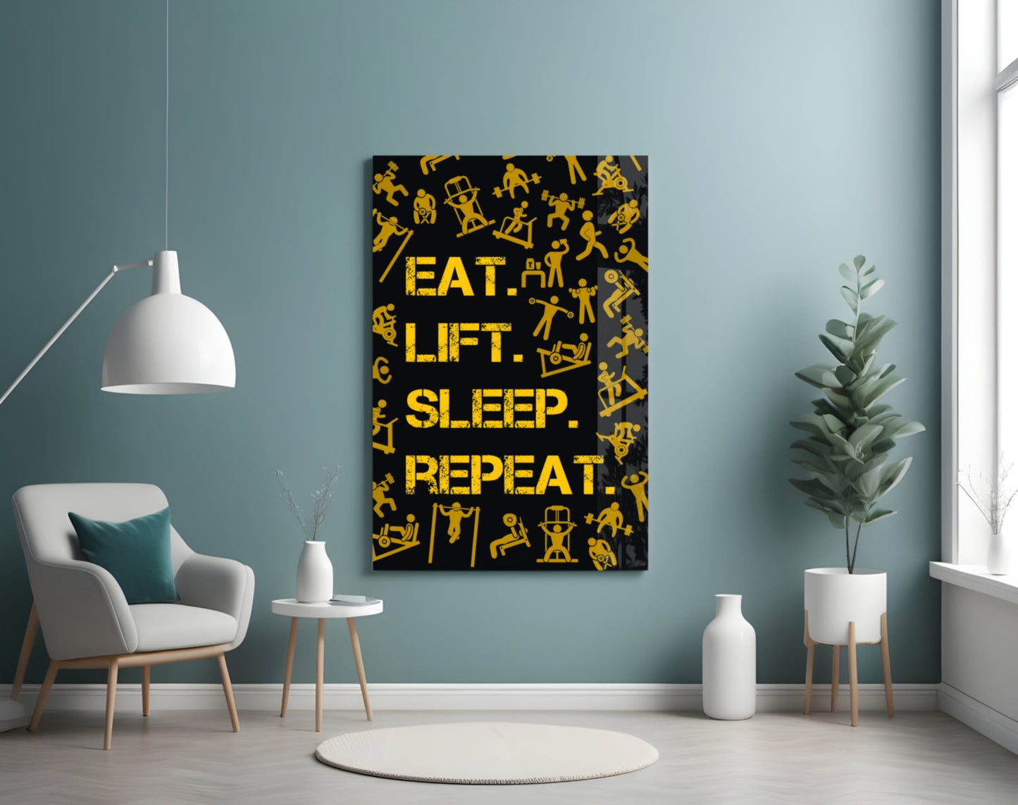 Golden Yellow Fitness Symbols Slogan Glass Wall Art