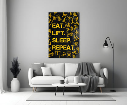 Golden Yellow Fitness Symbols Slogan Glass Wall Art