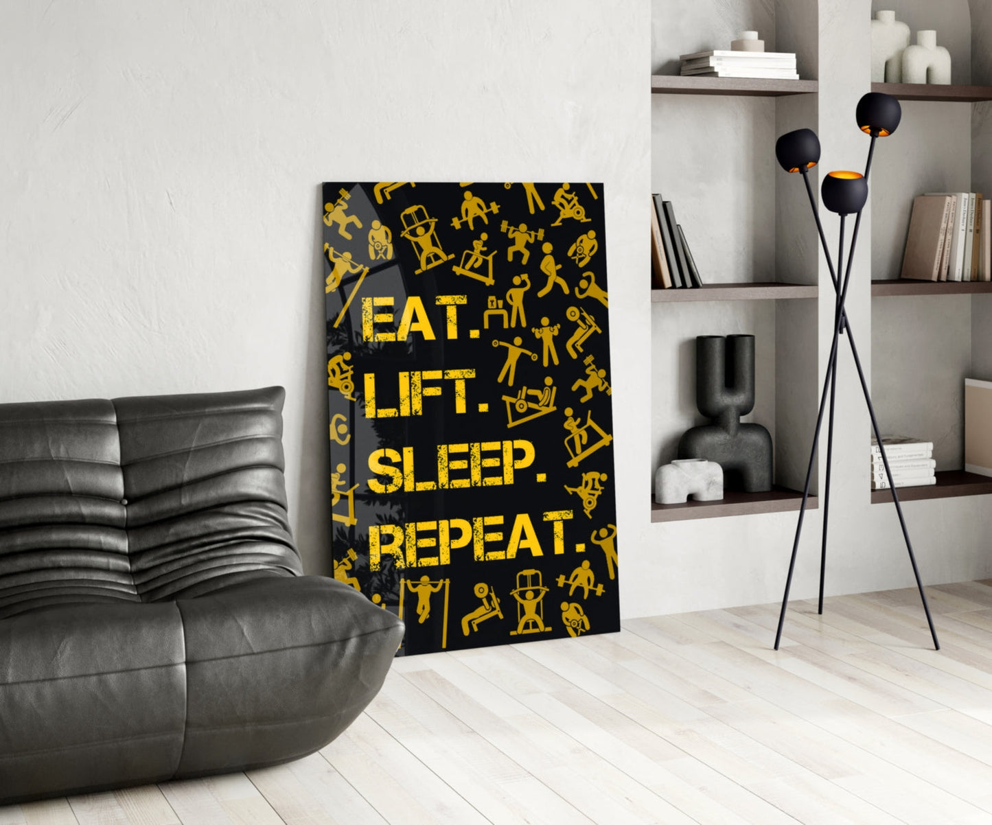 Golden Yellow Fitness Symbols Slogan Glass Wall Art