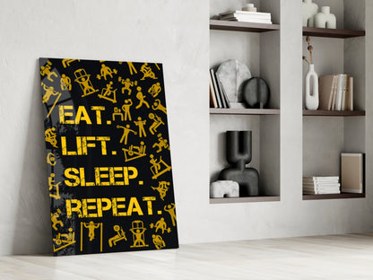 Golden Yellow Fitness Symbols Slogan Glass Wall Art