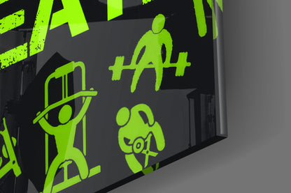 Neon Green Training Icons Gym Quote Glass Wall Art