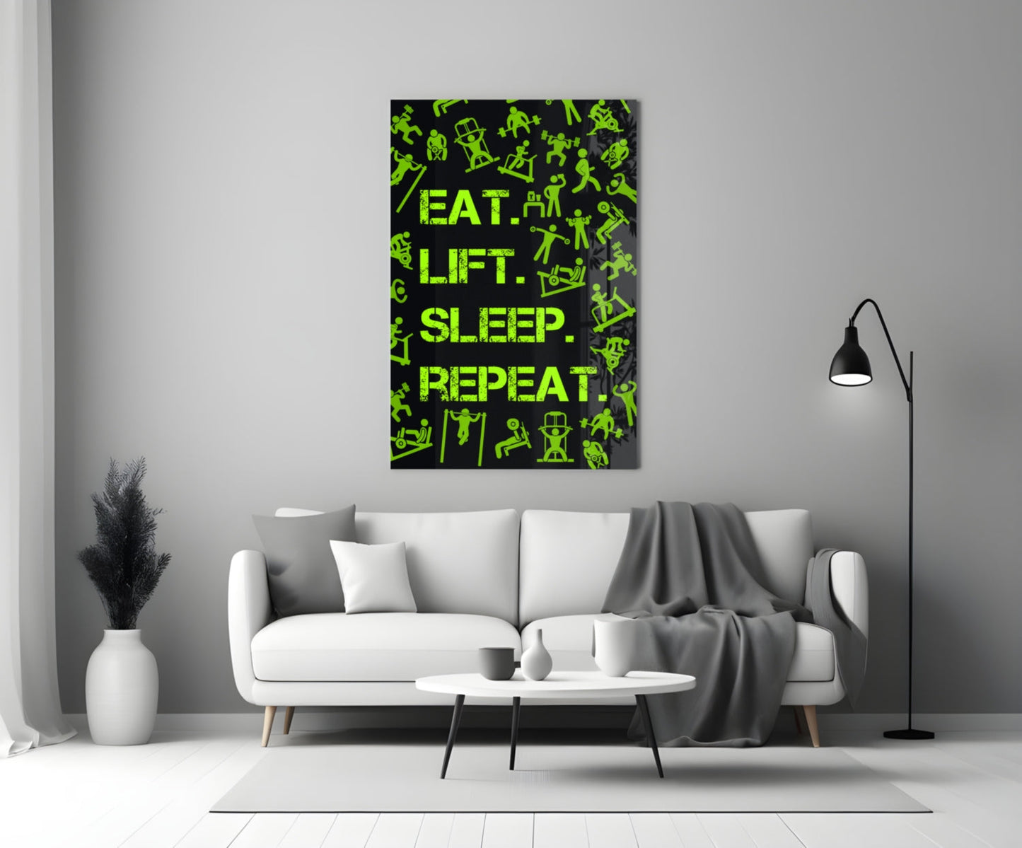 Neon Green Training Icons Gym Quote Glass Wall Art