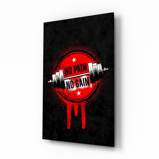 Angled perspective view of black glass wall art displaying red circular badge with white dumbbell and "NO PAIN NO GAIN" text.