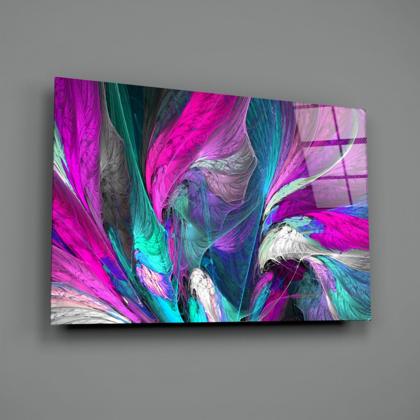 Modern glass wall art panel mounted on gray wall displaying vibrant swirling abstract patterns in magenta, cyan, purple, and white.