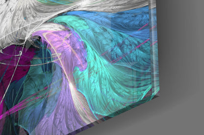 3D angled view of glass wall art with flowing purple, cyan, and gray marbled textures with magenta accent lines.