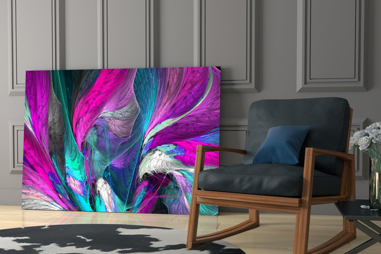 Vibrant pink, purple, and teal abstract glass art panel displayed in modern interior with wooden chair.