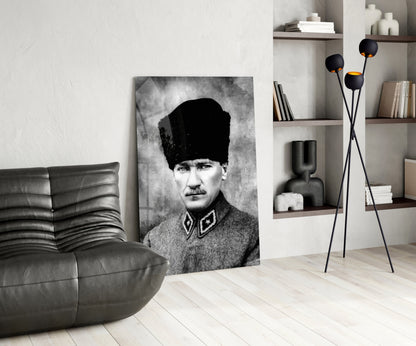 Ataturk Monochrome Uniform Bust Glass Wall Art
