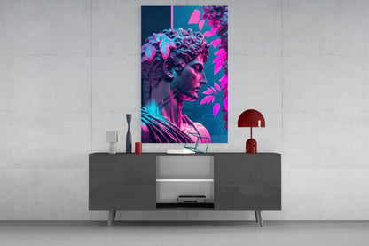 Neon pop art glass panel featuring a classical bust sculpture in vibrant magenta and cyan tones displayed above a modern gray console table.