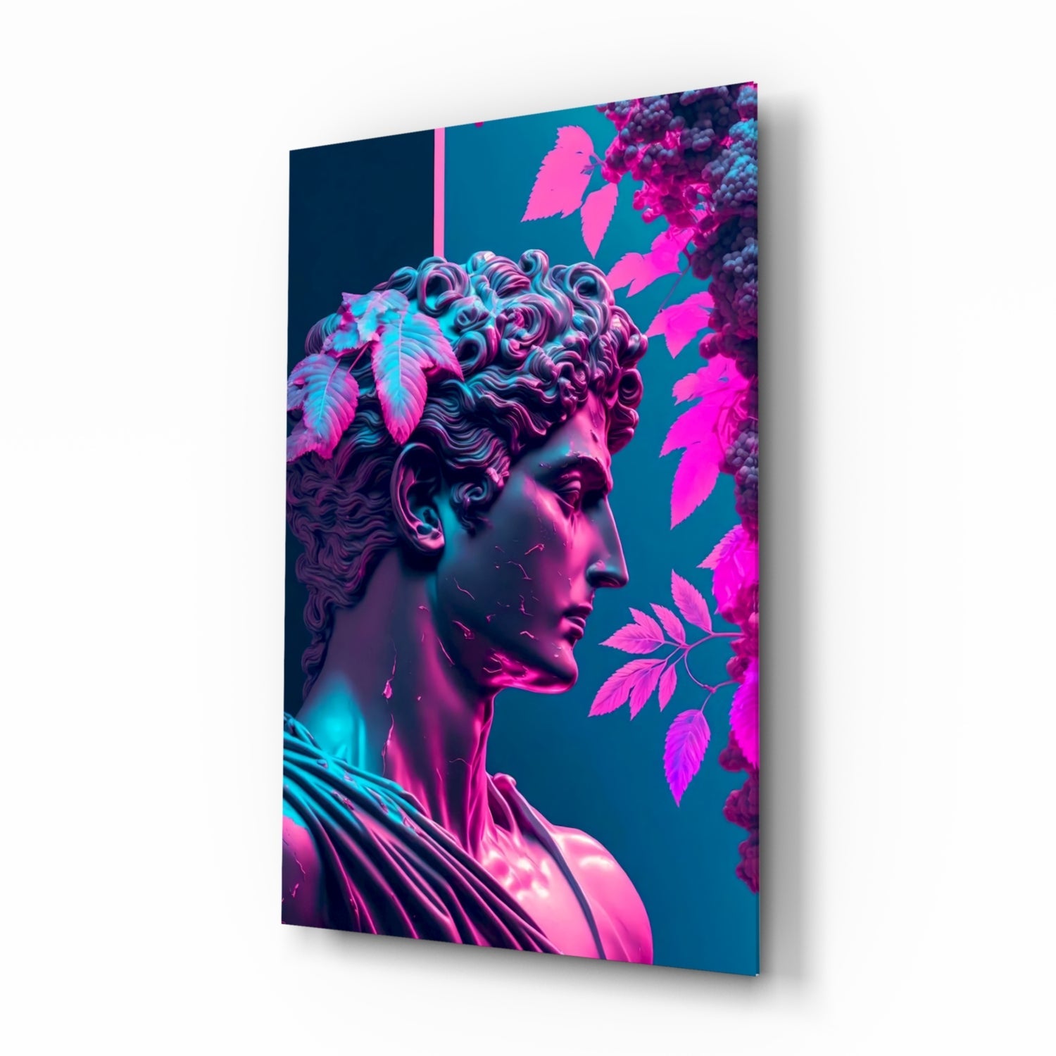 Classical bust sculpture with curled hair in neon pink and cyan lighting against teal background with fluorescent leaves, displayed as angled glass wall art.