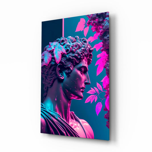 Classical bust sculpture with curled hair in neon pink and cyan lighting against teal background with fluorescent leaves, displayed as angled glass wall art.
