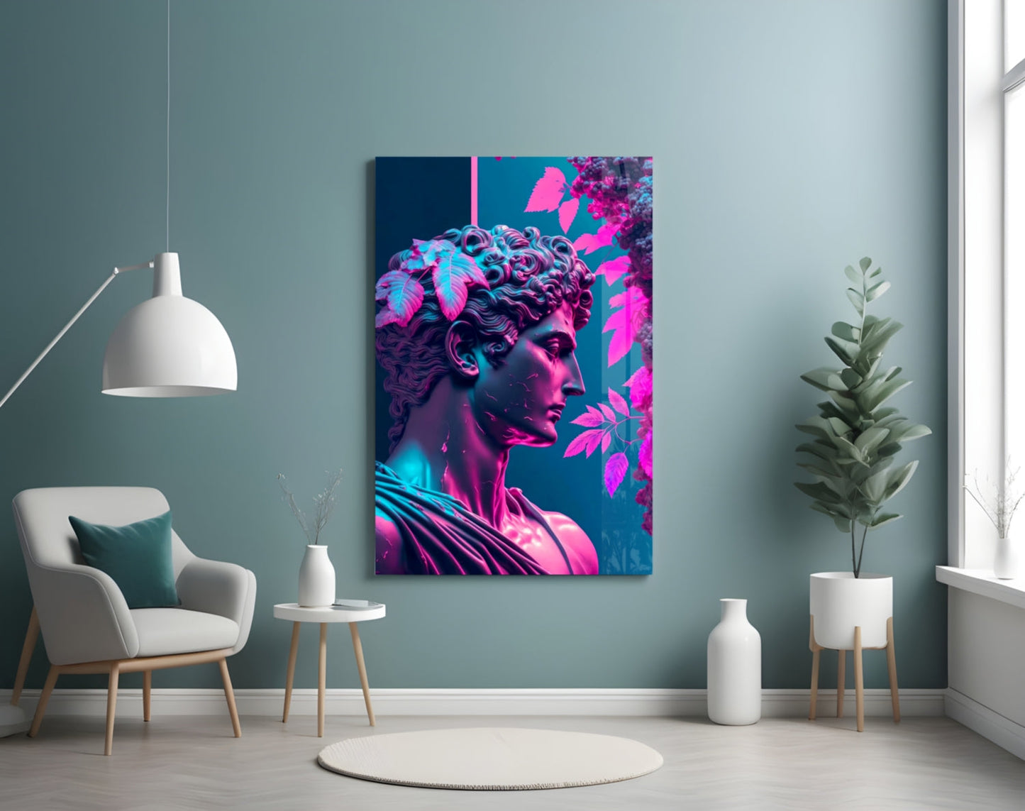 Neon pink and cyan glass wall art featuring a classical bust sculpture with glowing leaves, displayed in a modern living room setting.