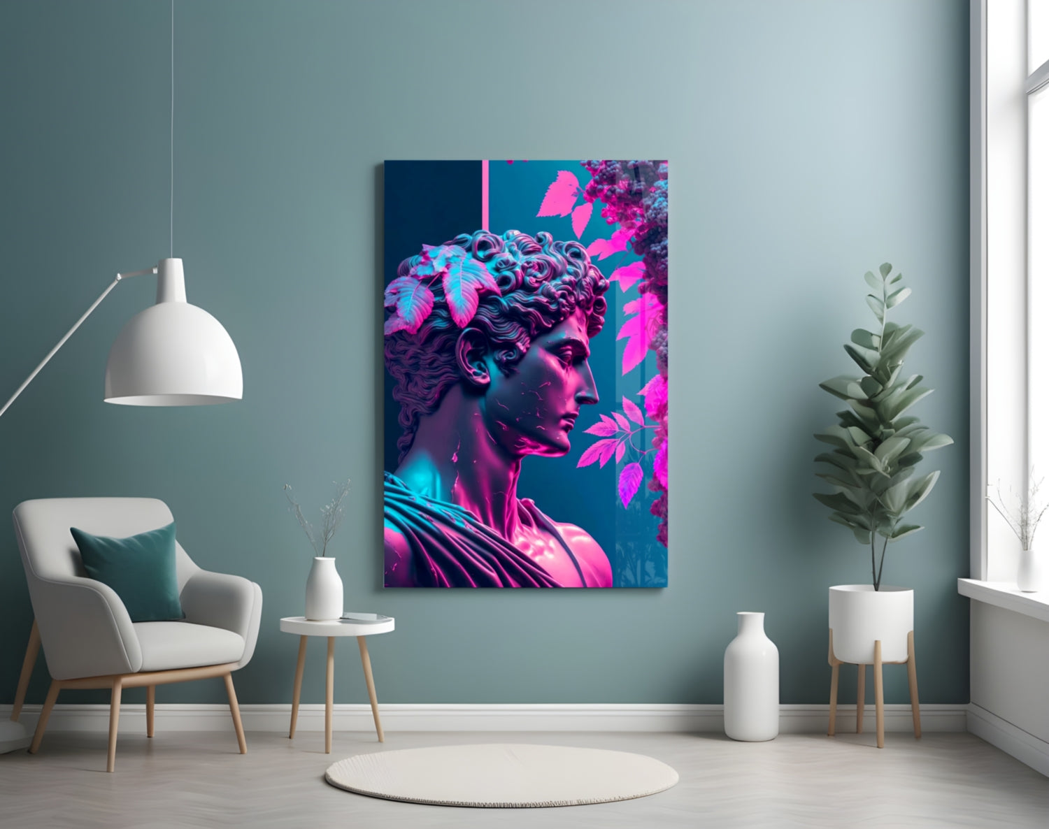 Neon pink and cyan glass wall art featuring a classical bust sculpture with glowing leaves, displayed in a modern living room setting.