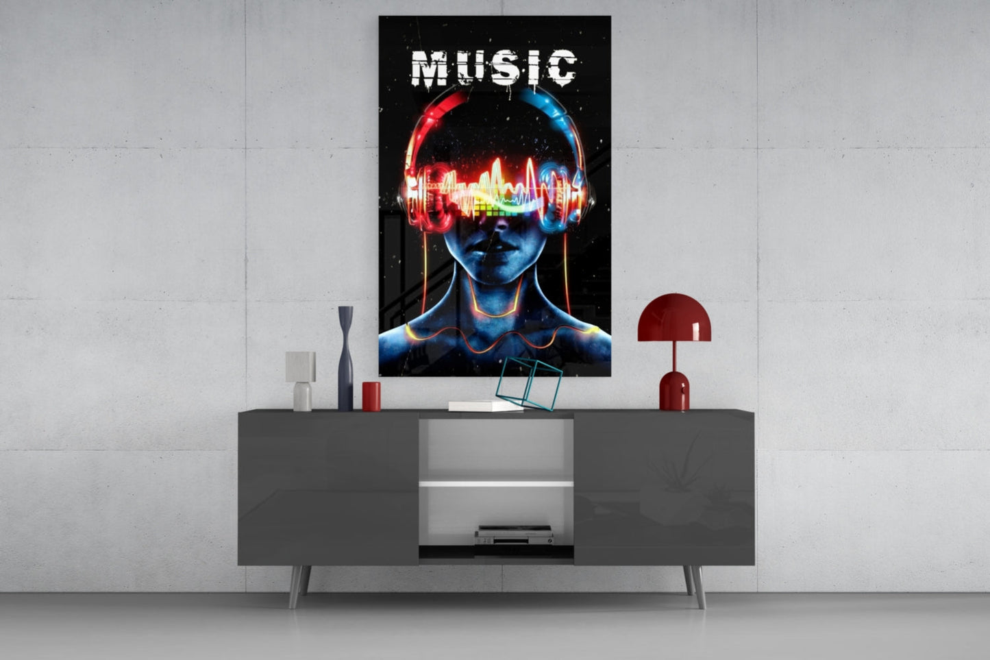 Neon Headphones Face With Sound Wave Glass Wall Art