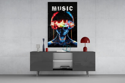 Neon Headphones Face With Sound Wave Glass Wall Art