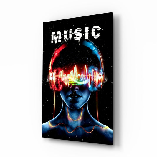 Angled three-quarter view of black glass wall art featuring a blue-faced figure wearing neon red and blue headphones with colorful sound wave display and "MUSIC" text.