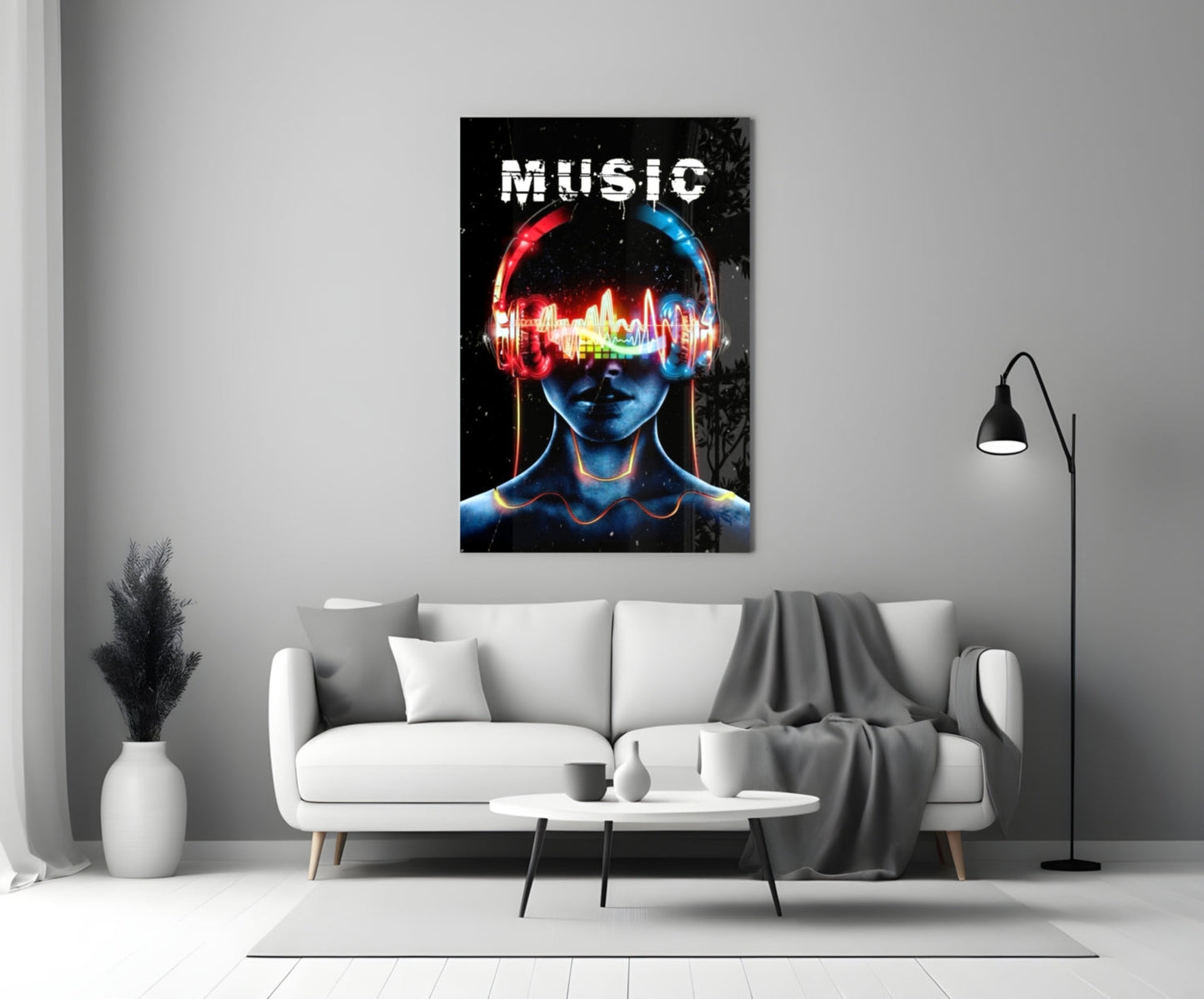 Neon Headphones Face With Sound Wave Glass Wall Art