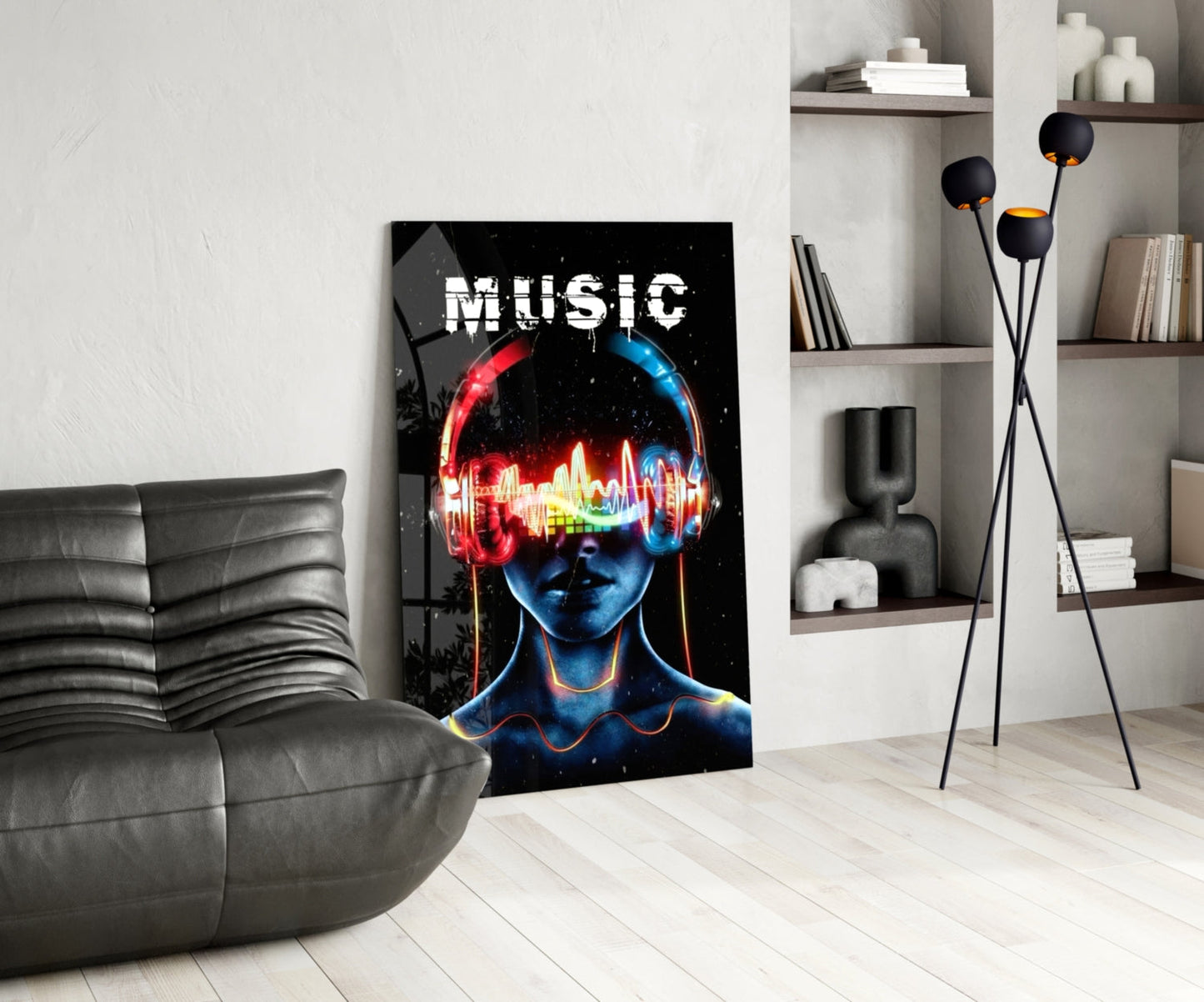 Neon Headphones Face With Sound Wave Glass Wall Art