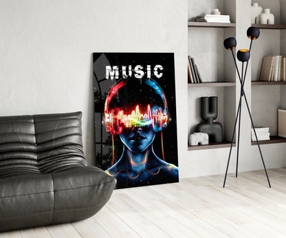 Neon Headphones Face With Sound Wave Glass Wall Art