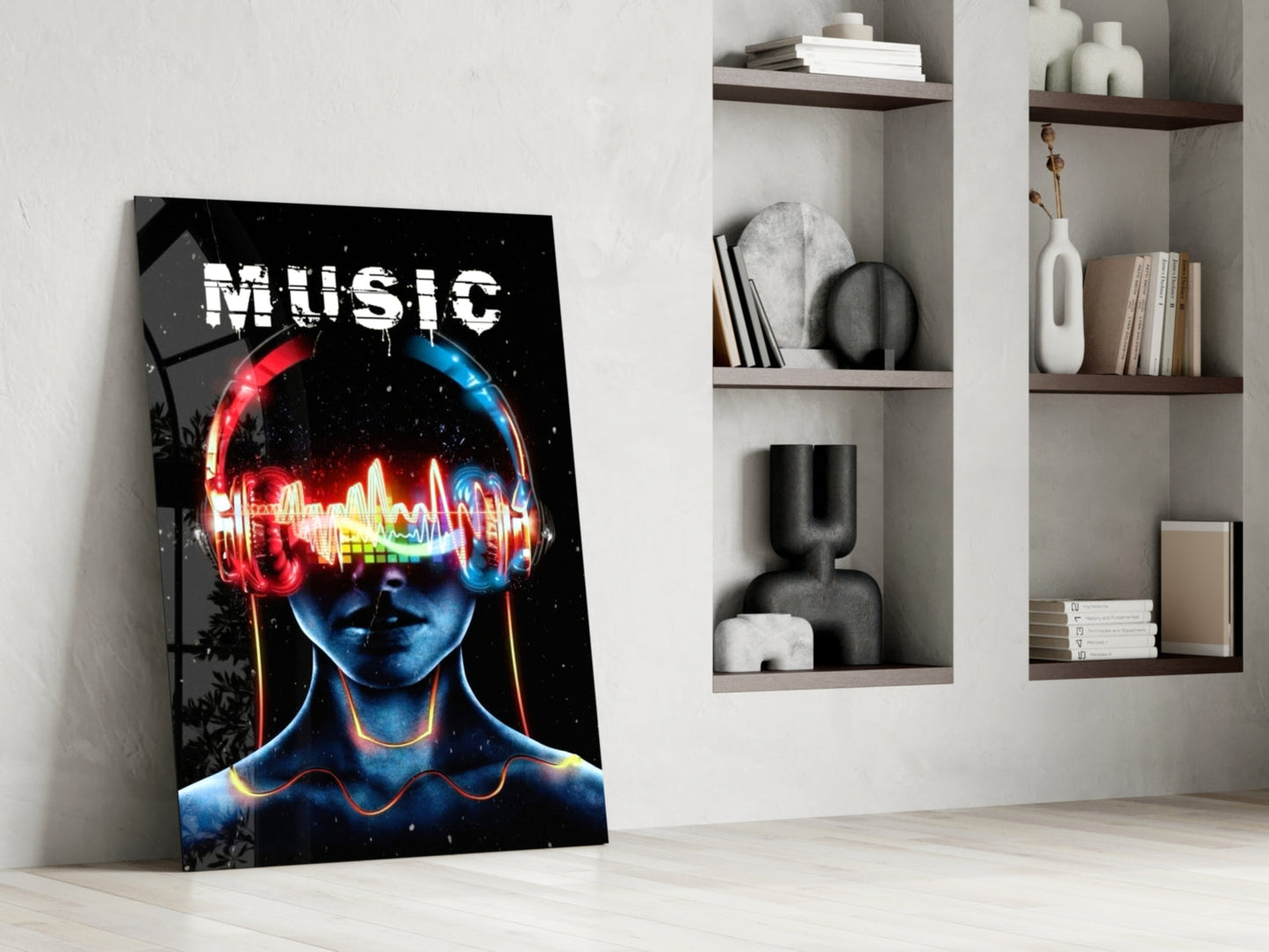 Neon Headphones Face With Sound Wave Glass Wall Art