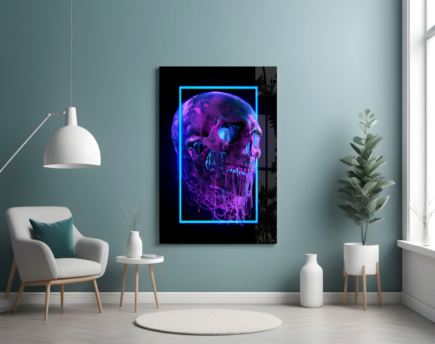 Neon Frame Dripping Skull Glass Wall Art