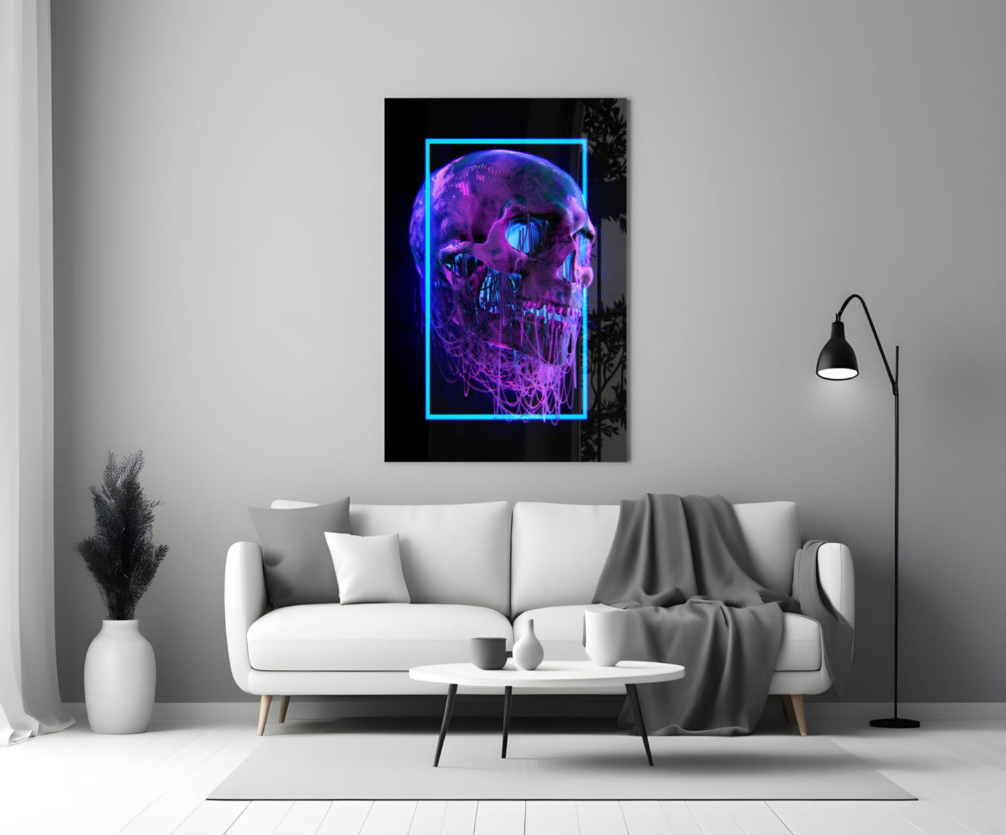 Neon Frame Dripping Skull Glass Wall Art