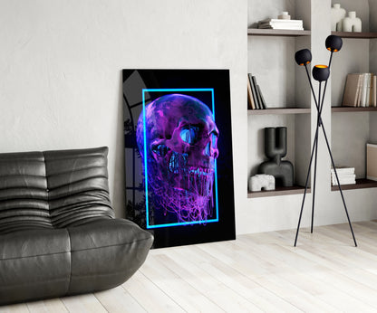 Neon Frame Dripping Skull Glass Wall Art