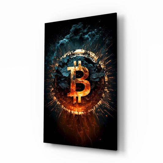 Angled perspective of glass wall art displaying golden Bitcoin symbol surrounded by fiery orange and blue explosive effects on black background.