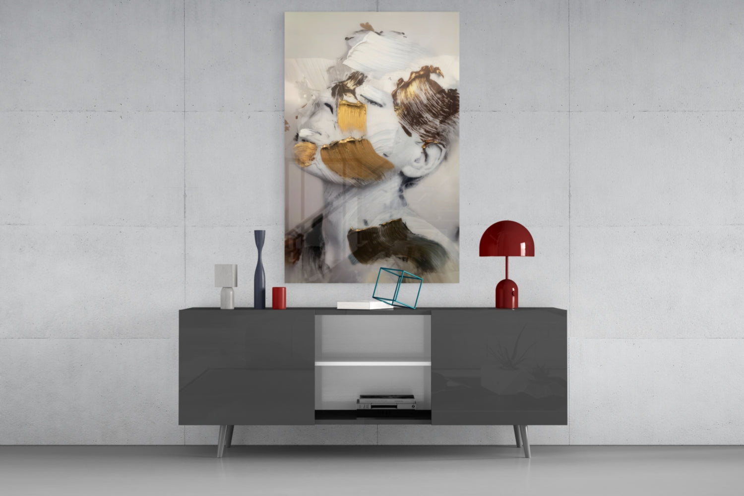 Abstract brushed face glass wall art displaying brown, white, and gold painted strokes in portrait orientation, displayed above dark console table.