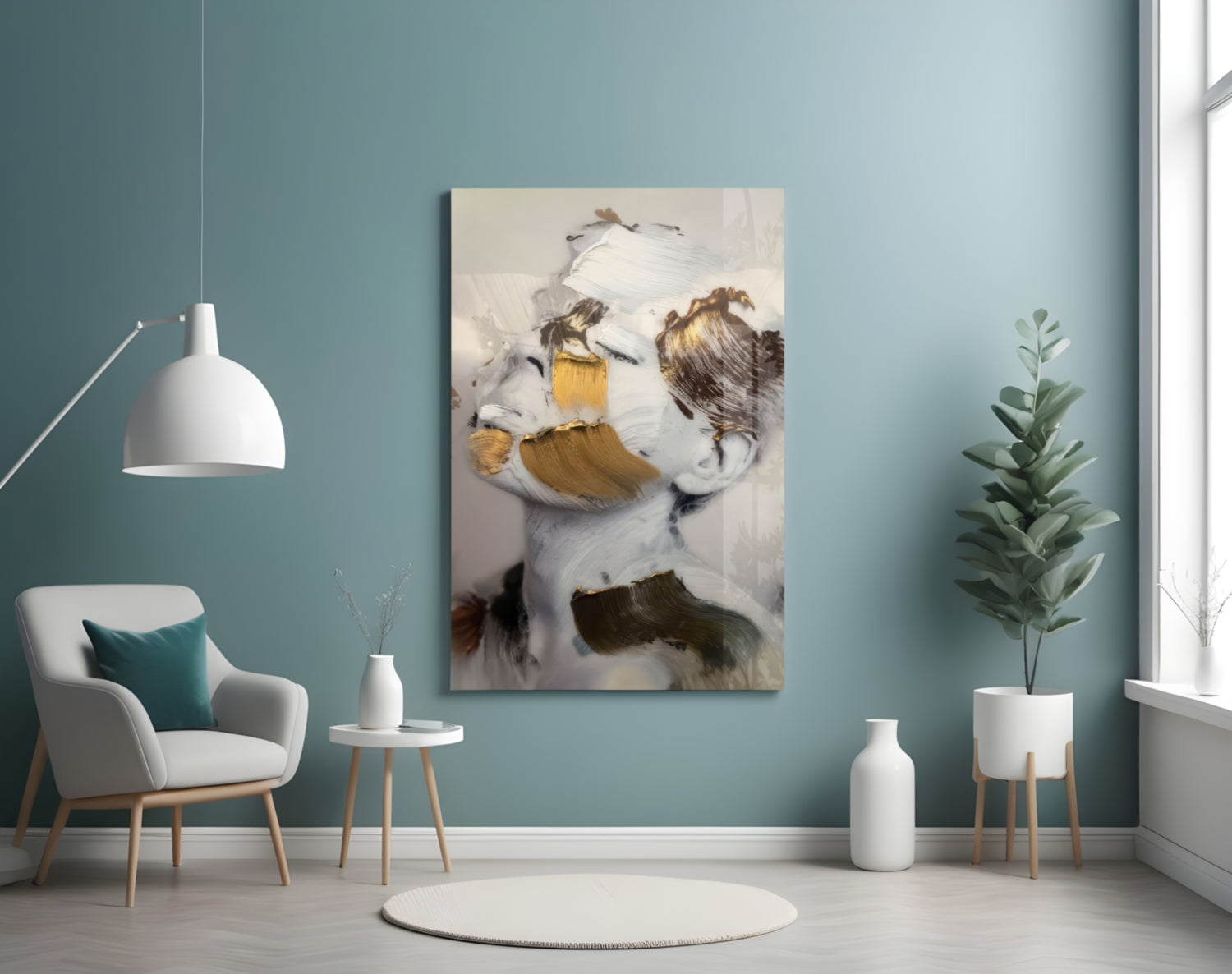 Abstract brushed face glass wall art with cream, white, brown, and gold brushstroke design displayed in modern living room setting.