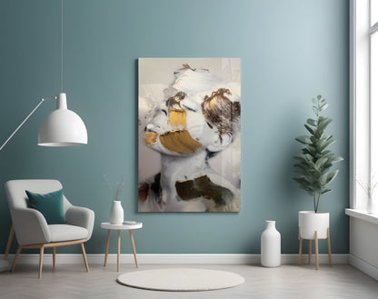 Abstract brushed face glass wall art with cream, white, brown, and gold brushstroke design displayed in modern living room setting.