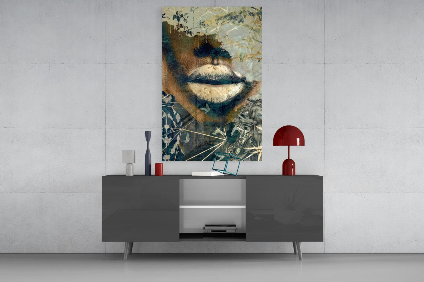 Golden Lips Botanical Collage Glass Wall Art