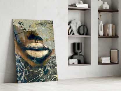 Golden Lips Botanical Collage Glass Wall Art