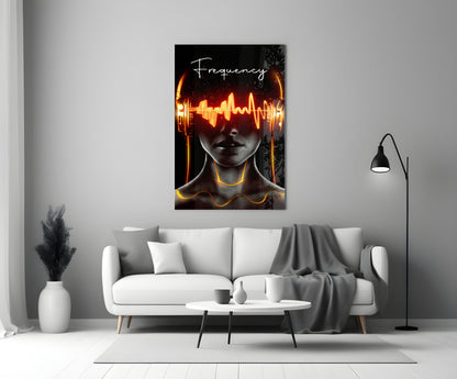 Modern living room with white sofa displaying neon glowing "Frequency" glass wall art above it.