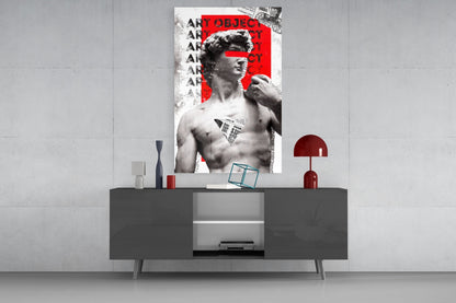 Marble Statue Collage Red Block Glass Wall Art