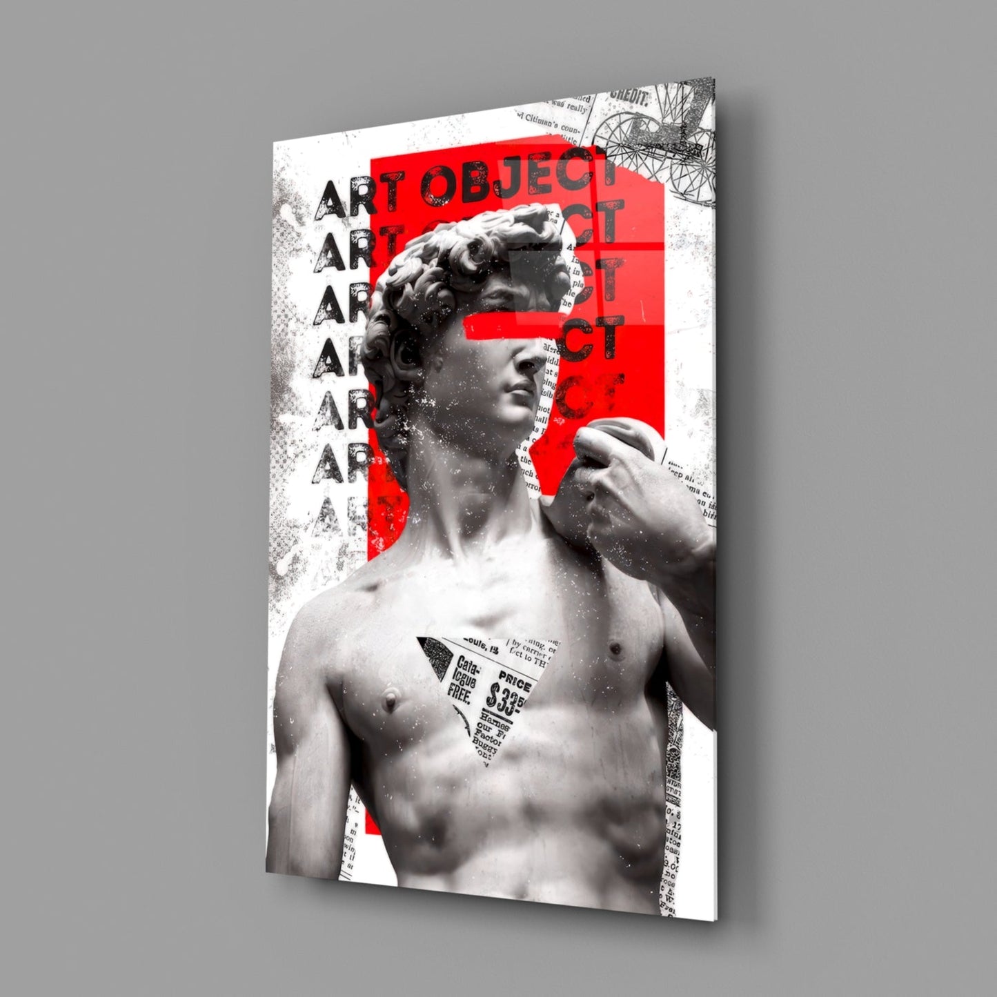 Marble Statue Collage Red Block Glass Wall Art