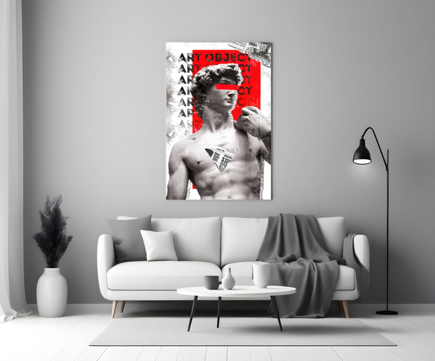 Marble Statue Collage Red Block Glass Wall Art