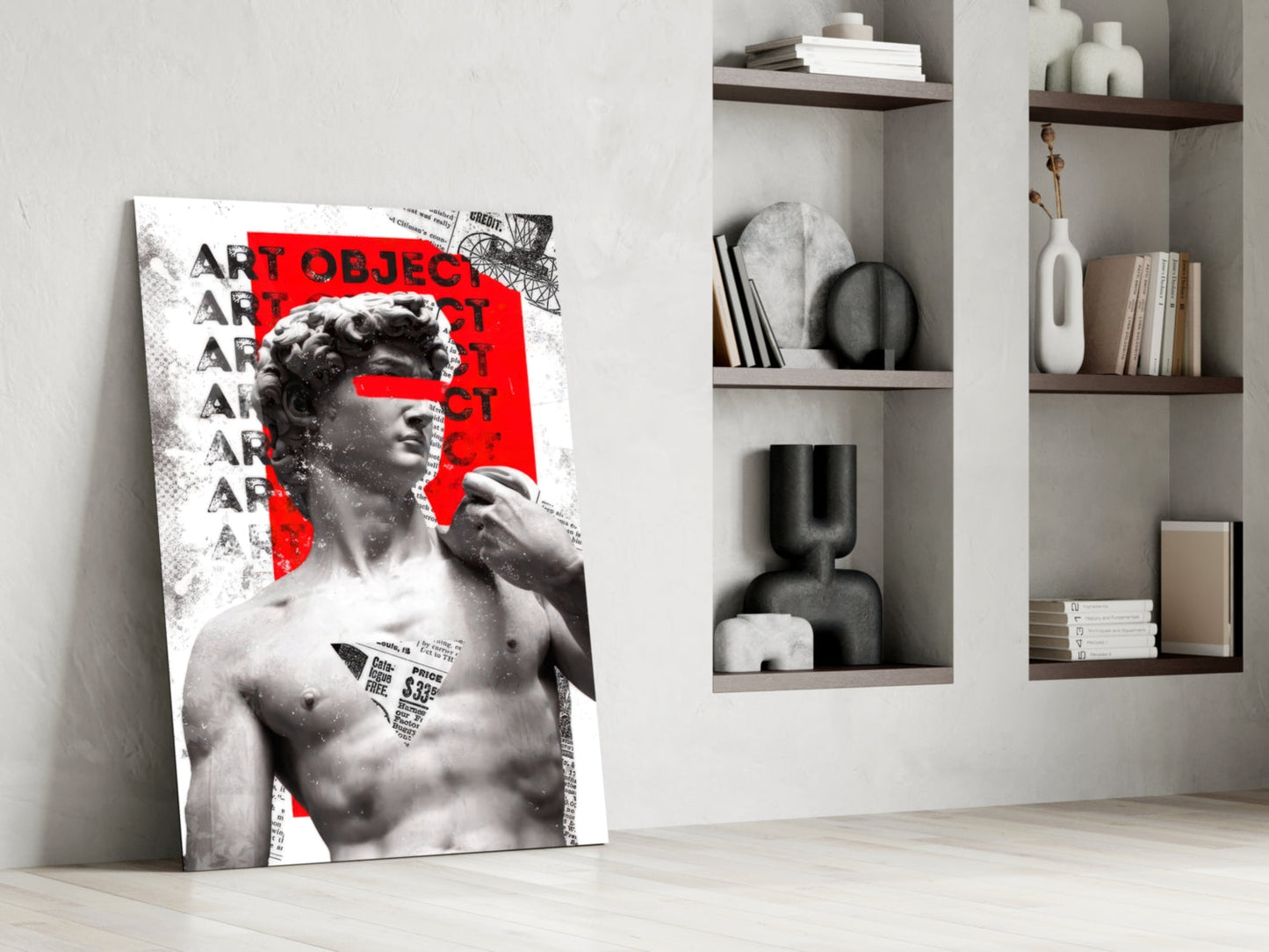 Marble Statue Collage Red Block Glass Wall Art