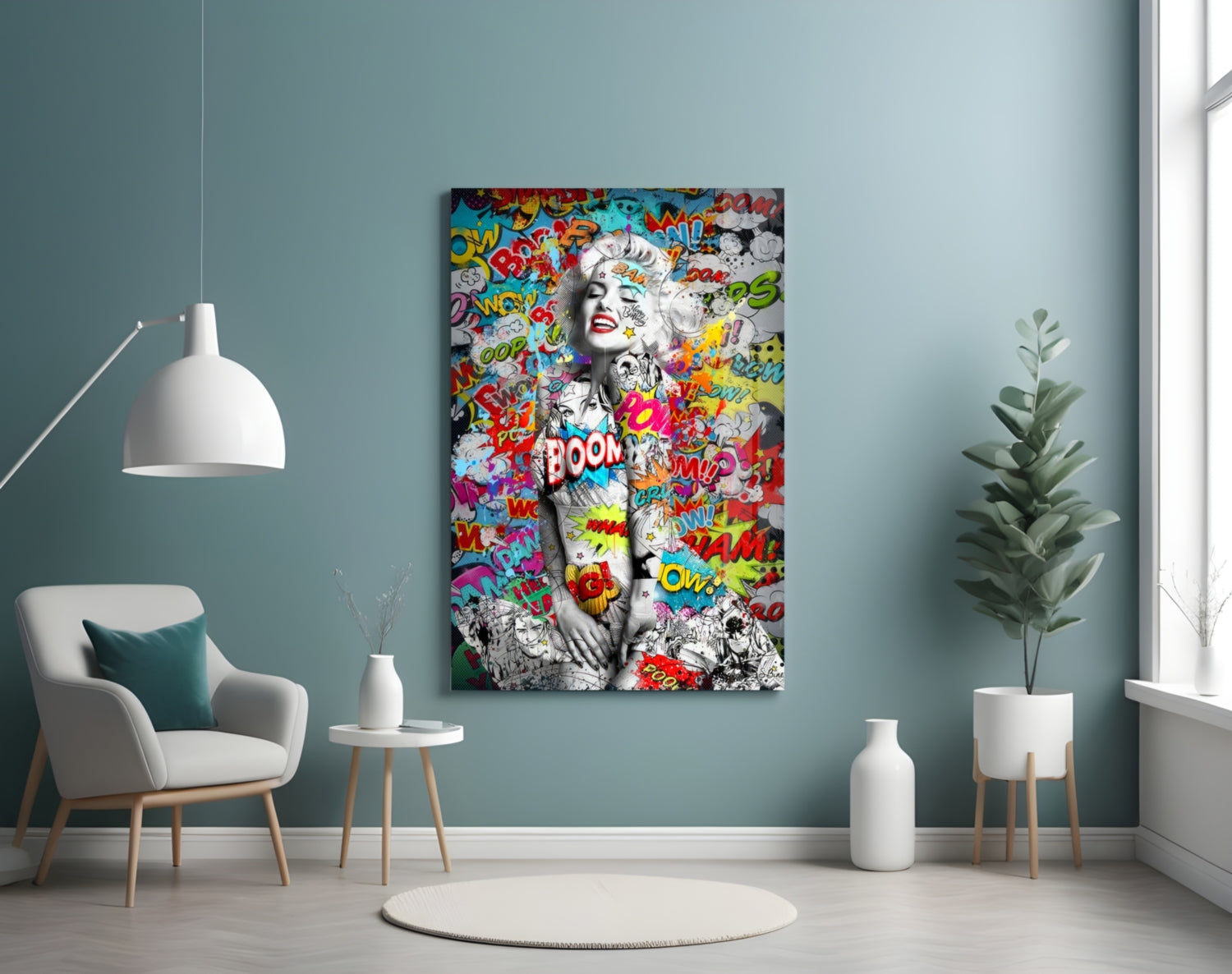 Pop art style glass wall art featuring a black and white portrait with colorful comic book words and red lips displayed in a modern living room interior.