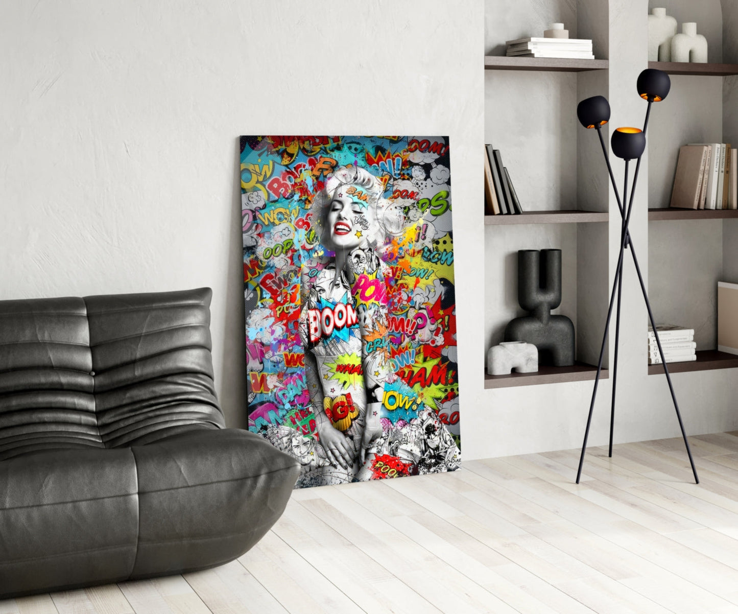 Colorful pop art graffiti glass wall art depicting a woman's face with comic book text and speech bubbles displayed in modern living room setting.
