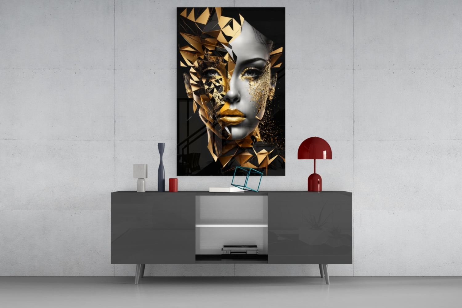 Golden Face Glass Wall Art displayed above gray console table with red lamp and decorative accessories in modern living room setting.