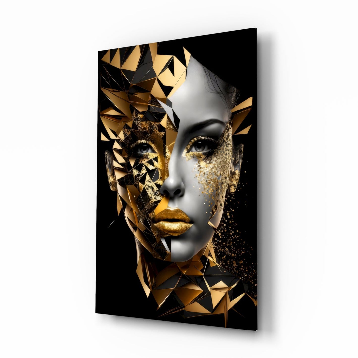 Modern glass wall art displaying a grayscale female face with gold geometric shards and glitter accents on black background, angled perspective view.