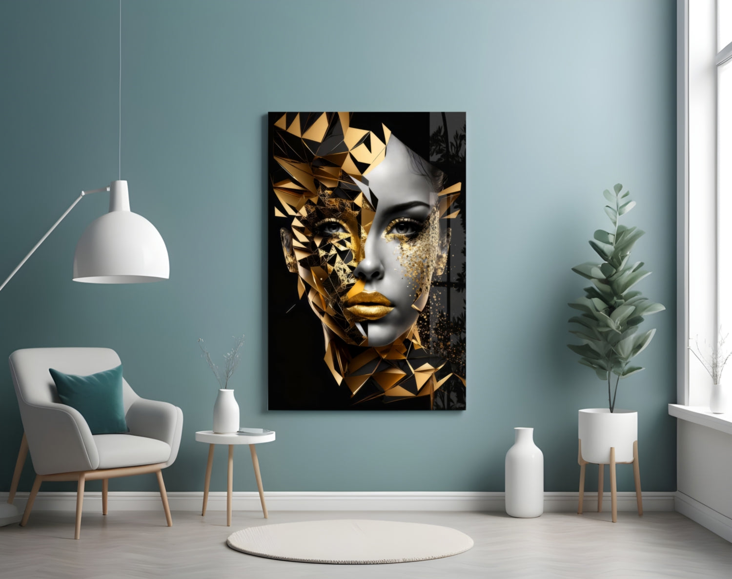 Golden Face Glass Wall Art displayed on a teal wall above a white chair in a minimalist room setting.