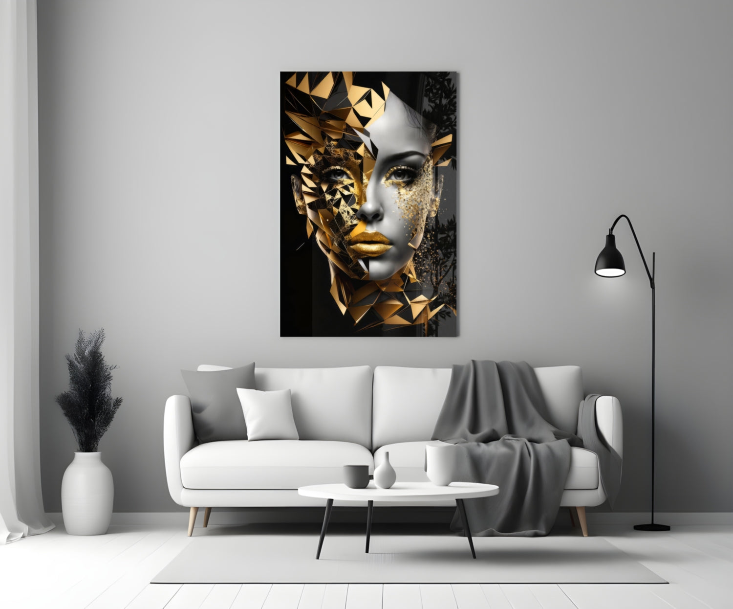Golden Face Glass Wall Art displayed above a white sofa in a modern living room interior.