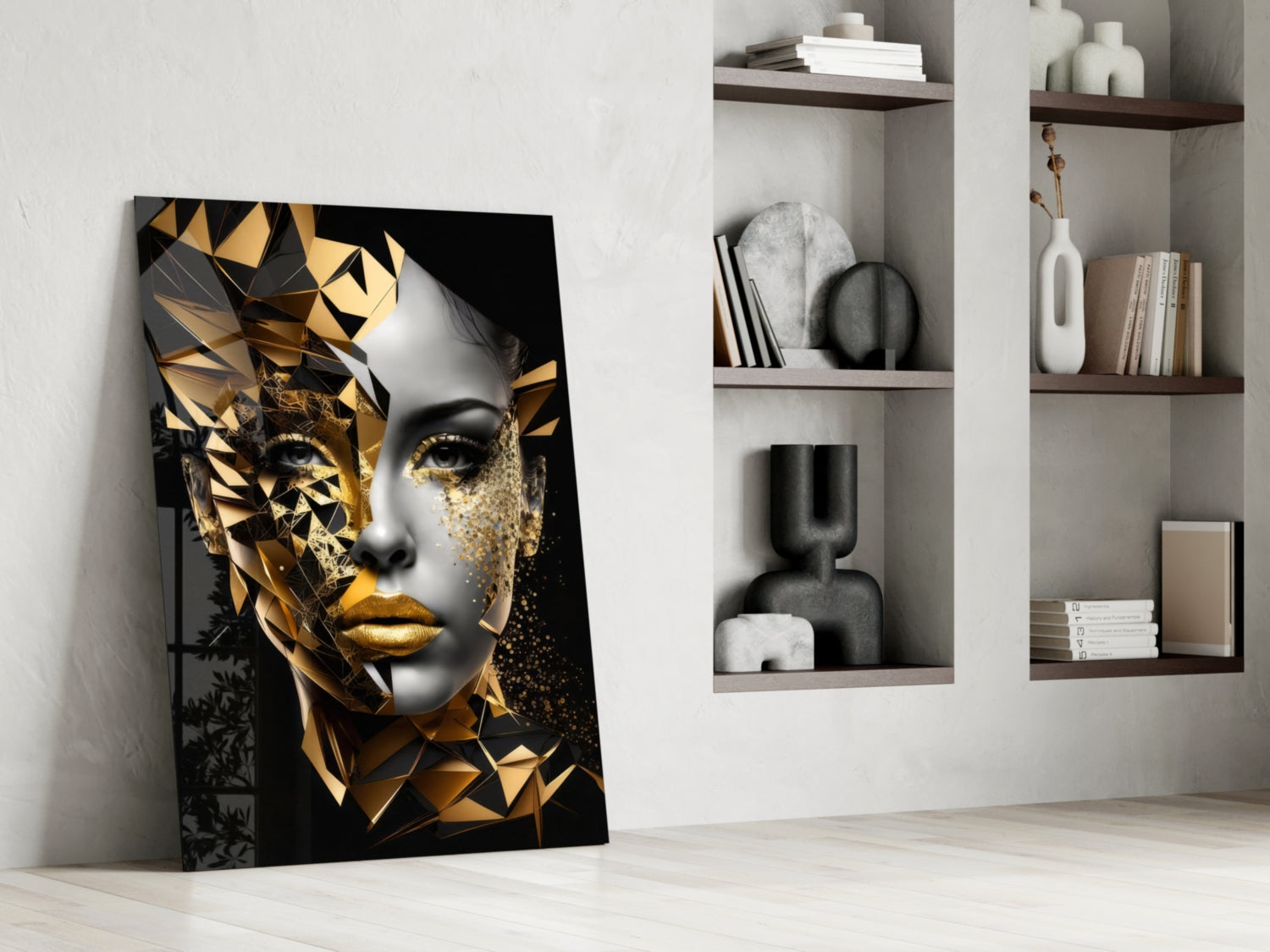 Golden Face Glass Wall Art leaning against white wall beside floating shelves with decorative objects and books.