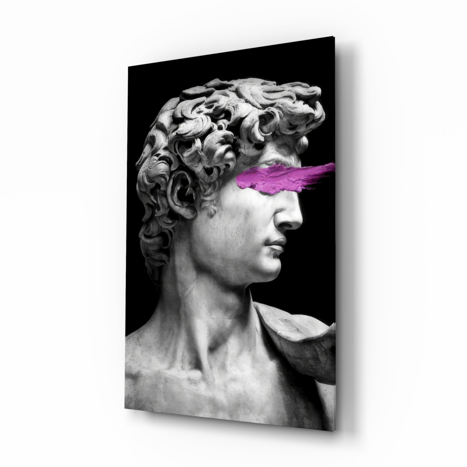 Classical marble bust in profile with bright magenta paint across the eyes against black background on glass panel.