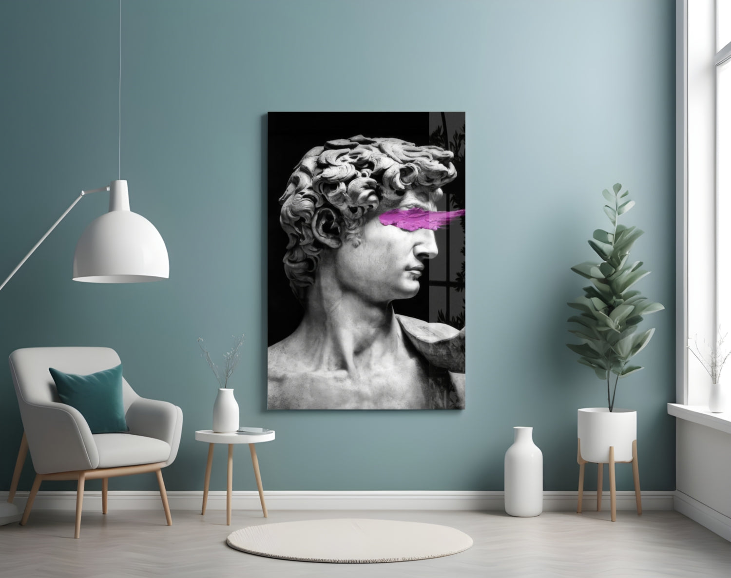 Classical marble bust sculpture with bright magenta neon stripe across eyes, displayed on teal wall in modern interior setting.