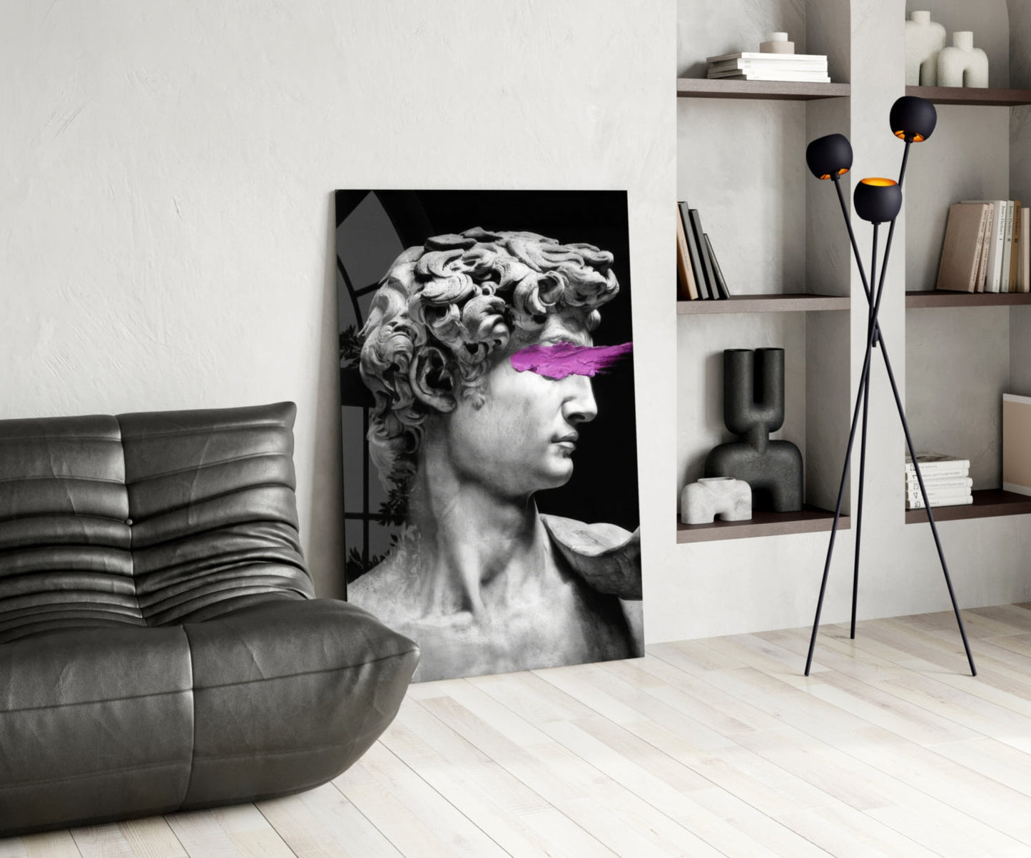 Modern living room displaying black and white classical bust artwork with vibrant purple accent stripe across eyes.