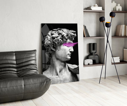 Modern living room displaying black and white classical bust artwork with vibrant purple accent stripe across eyes.