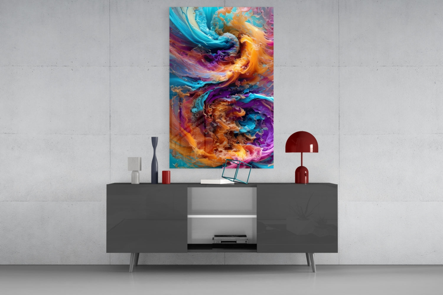 Colorful abstract glass art panel with swirling turquoise, orange, purple, and yellow patterns hung above a gray console table.