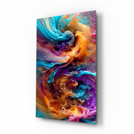 Angled view of vibrant glass wall art displaying swirling abstracts in turquoise, orange, purple, and magenta with fluid, textured surfaces.
